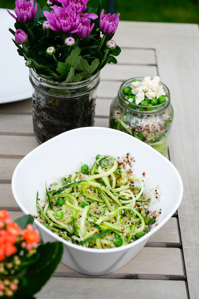Zucchini noodle salad with quinoa and peas